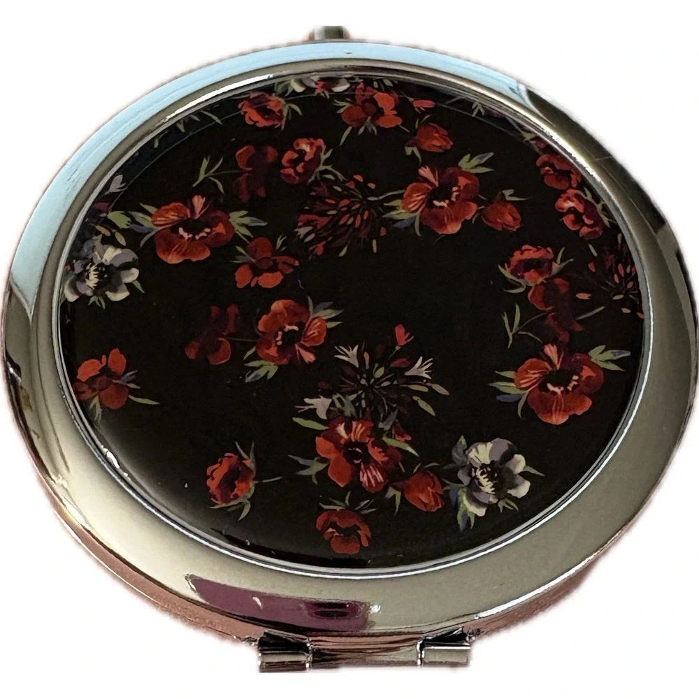Woman Within Quilted Travel Bag and Matching Compact Mirror Set Black Red Floral